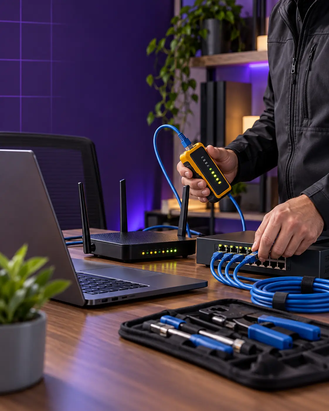 IT technician testing a Wi-Fi router and wired network with a laptop and cable tester